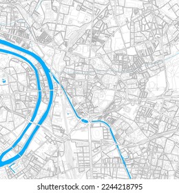 Saint-Denis, Seine-Saint-Denis, Frankreich Hochauflösende Vektorkarte mit bearbeitbaren Wegen. Helle Umrisse für Hauptverkehrsstraßen. Verwenden Sie es für jeden gedruckten und digitalen Hintergrund. Blaue Formen und Linien für das Wasser.