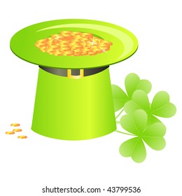 sainted Patrick day's symbols leprechaun green hat with golden coins and shamrock