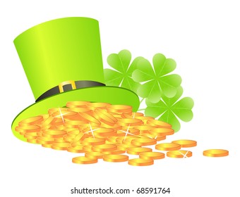 Sainted Patrick's day's symbols leprechaun green hat with golden coins and shamrock