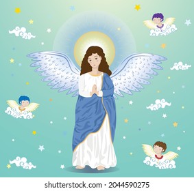 Saintly Virgin of Quito. Illustration vectorial. The character of Winged Virgin.