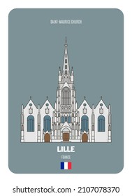 Saint-Maurice church in Lille, France. Architectural symbols of European cities. Colorful vector 