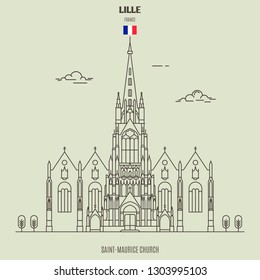 Saint-Maurice church in Lille, France. Landmark icon in linear style