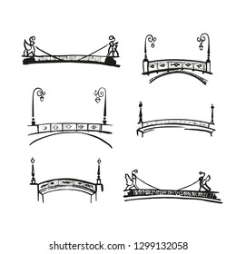 Saint-Petersburg bridge. Hand drawn sketches of remarkable SPb bridges. Vector outline art for tourist souvenirs