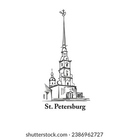 Saint-Petersburg city destination icon, Russia. Saint Peter and Paul Cathedral building sketch. Russian travel background.