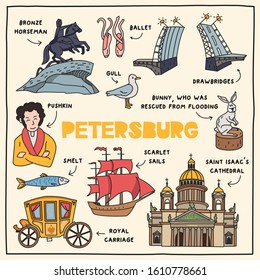 Saint-Petersburg. Hand drawn illustration of different landmarks and symbols