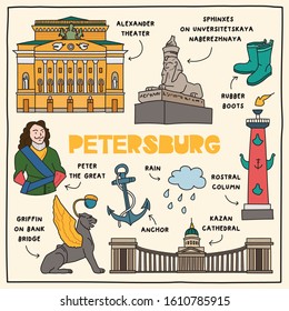 Saint-Petersburg. Hand drawn illustration of different landmarks and symbols