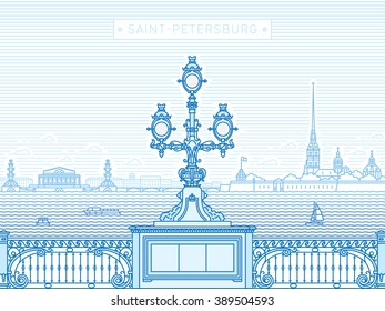 Saint-Petersburg Troitsky bridge panorama line art illustration 