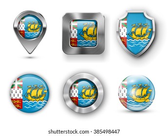 Saint-Pierre, Martinique Metal and Glass Flag Badges, Buttons, Map marker pin and Shields. Vector illustrations