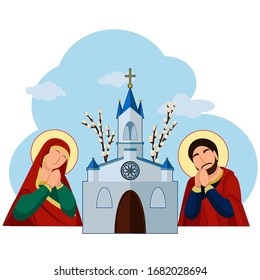 saints man and woman folded their hands in prayer in front of the temple on a blue background with willow branches