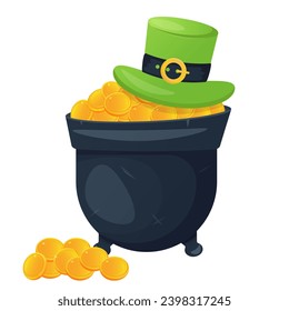 Saint's Patrick day design element. Cauldron , golden coins, leprechaun hat.