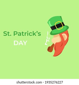 Saint's patrick day Green hat red beard and cigar in green background with text. For St. Patrick's Days Banners, posters. Flat Design Flat color
