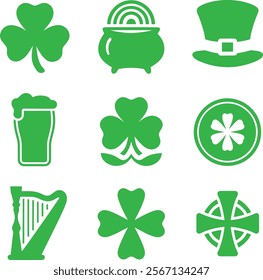 Saints Patrick day leaf hat beear  icon set design in vector 