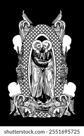 Saints Peter and Paul. Illustration with angels and seraphim in heaven black and white in Byzantine style