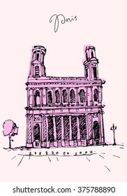 Saint-Sulpice / Paris / France, vintage vector engraved illustration, hand drawn.