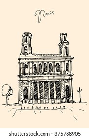 Saint-Sulpice / Paris / France, vintage vector engraved illustration, hand drawn.