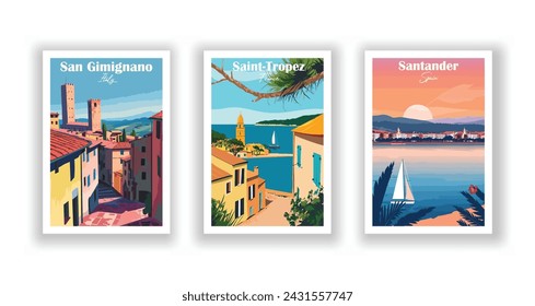 Saint-Tropez, Francia. San Gimignano, Italia. Santander, España - Set de 3 Carteles de Viajes Vintage. Ilustración vectorial. Impresiones de alta calidad