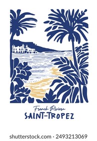 Ilustración de paisaje de Saint-Tropez.Costa a costa paisaje de mar.Dibujo de la puesta de sol en Mónaco. Dibujos temáticos del mar como California, Grecia, Italia, Cannes, Niza.