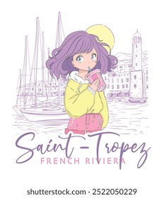 Saint-Tropez landscape illustration.Coast to coast sea landscape.Cute anime girl at sunset on Saint-Tropez, France.Manga comic character on summer vacation in saint-tropez.Korean anime vector