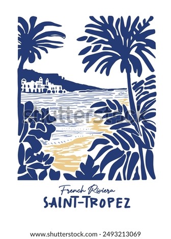 Saint-Tropez landscape illustration.Coast to coast sea landscape.Sunset drawing in Monaco. Sea themed drawings like California, Greece, Italy, Cannes, Nice.Tropical themed sunset.Palm tree pattern art