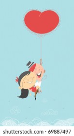 A Saint-Valentine's romantic retro illustration of a man and woman flying in the sky, going to paradise holding a hot air big heart red balloon