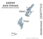 Saipan and Tinian, Northern Mariana Islands, gray political map. Islands of the Mariana Archipelago. Unincorporated territory and commonwealth of United States with administrative center Capitol Hill.