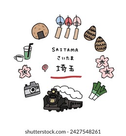 Saitama prefecture hand drawn cute icon set Translation “Saitama prefecture in Japan”