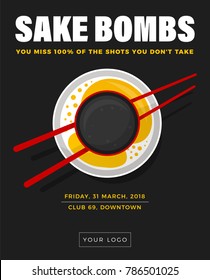 Sake Bomb Party Poster Concept. Vector illustration of shot glass, chopsticks and beer glass.