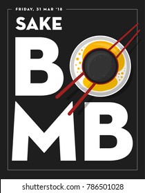 Sake Bomb Party Poster Konzept. Vektorgrafik von Glas, Stäbchen und Bierglas.