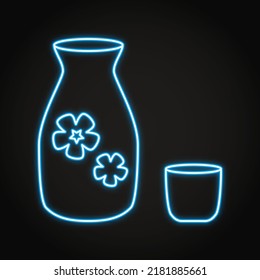 Sake bottle and cup neon icon in line style. Traditional Japanese drink symbol. Vector illustration.