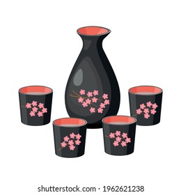Sake bottle flasks painted with sakura. Black decorated bottles with sake, rice wine and cups isolated on white background.