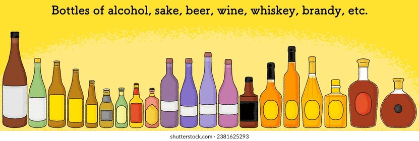Sake bottle set with analog touch,  sake and beer or a bottle of wine or a bottle of whiskey, Vector Illustration