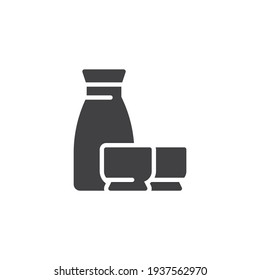 Nehmen Sie Flasche und zwei Tasse Vektorsymbol. volles Flachzeichen für mobiles Konzept und Webdesign. Japanisches Alkoholgetränk Glyphsymbol. Symbol, Logo-Abbildung. Vektorgrafik