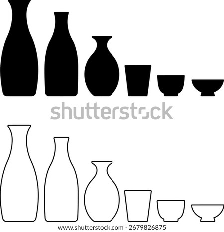 Sake Bottles and Cups Still Life in Black and White Silhouette