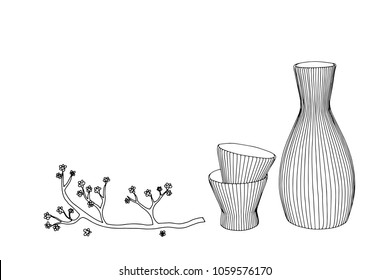 Sake glass, bottle and japan. Vector hand drawn illustration of bottle of sake in ink hand drawn style. 