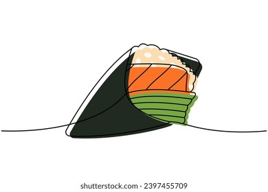 Sake hand roll one line colored continuous drawing. Japanese cuisine, traditional food continuous one line illustration. Vector illustration.