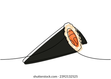 El rollo de la mano, el sakes temaki una línea de dibujo continuo de color. La cocina japonesa, la comida tradicional, sigue siendo una ilustración de una línea.