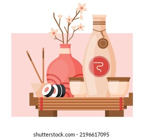 Sake Japanese rice wine with asian food sushi on wooden board vector illustration. Ceramic jug and cups with sake. Vector illustration for restaurant and bar menu