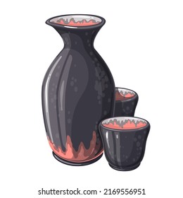 Sake, Japanese rice wine vector illustration. Cartoon isolated ceramic jug and cups with alcohol, traditional alcoholic beverage of Japan, sake product for Asian banquet, restaurant and bar menu