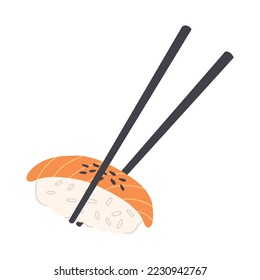 Sake nigiri sushi dish with chopsticks. Traditional Japanese asian food flat illustration on isolated white background