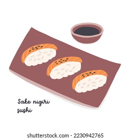 Sake nigiri sushi dish with soy sauce. Traditional Japanese asian food flat illustration on isolated white background