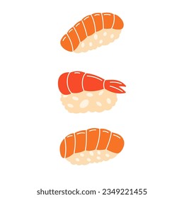 Sake nigiri, toro sushi, ebi sushi. Japanese cuisine, traditional food. Vector illustration.