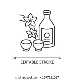 Sake pixel perfect linear icon. Japanese rice wine and sakura branch. Korean soju with two mugs. Thin line customizable illustration. Contour symbol. Vector isolated outline drawing. Editable stroke