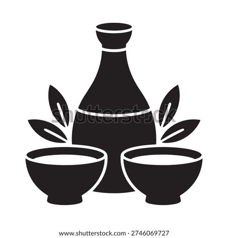 Sake set illustration with a bottle cup and leaf decorations