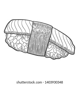 Sake sushi. Japanese traditional food icon with salmon fish fillets. Isolated vector illustration.