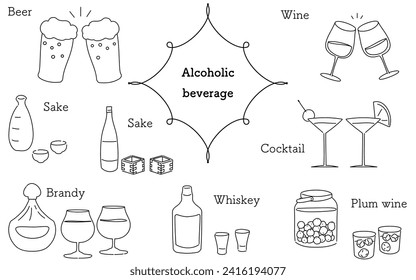 Sake to Western sake, cocktails, beer sets, simple line drawing illustrations, Vector Illustration