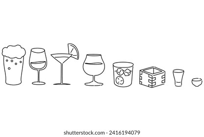 Sake to Western sake, cocktails, beer sets, simple line drawing illustrations, Vector Illustration