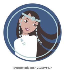 Sakha girl with long hair. Yakut woman with national jewelry. Sakha woman cartoon style round vector illustration. Yakut girl smiling. Yhyakh costume. Yakut avatar. 