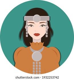 Sakha girl in national costume. Yakut woman in traditional jewelry. Vector illustration. Yakutsk, Yakutia, Siberian, Sakha republic culture. Ysyakh dress and accessory. Ethnic concept. Beautiful girl.