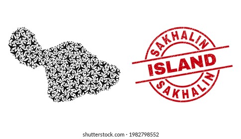 Sakhalin Island grunged badge, and Maui Island map mosaic of airliner items. Mosaic Maui Island map created with air force symbols. Red imprint with Sakhalin Island word, and unclean rubber texture.