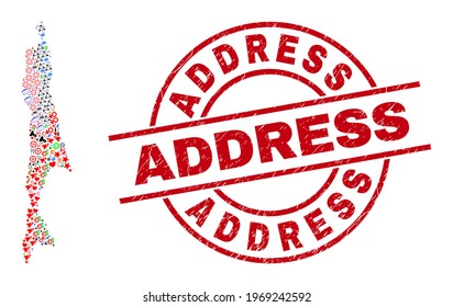 Sakhalin Island map collage and distress Address red circle stamp imitation. Address stamp uses vector lines and arcs. Sakhalin Island map collage includes markers, houses, showers, suns, men,
